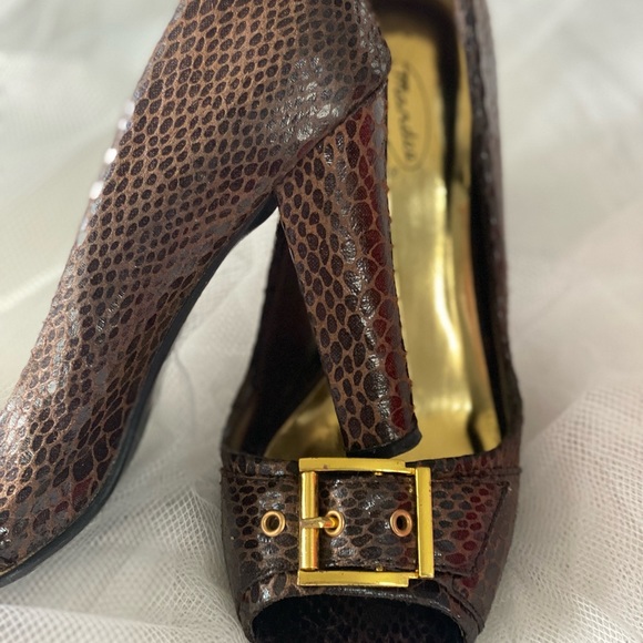 MANDEE Brown Faux Snakeskin Leather Peep-Toe Heels - Picture 4 of 5